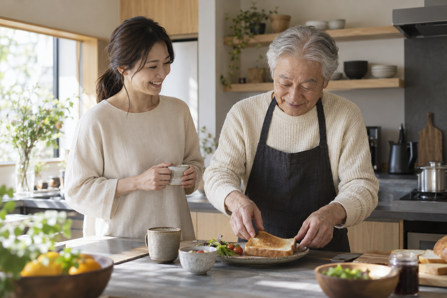 自宅のキッチンで、一緒に朝食を準備する日常のイメージ