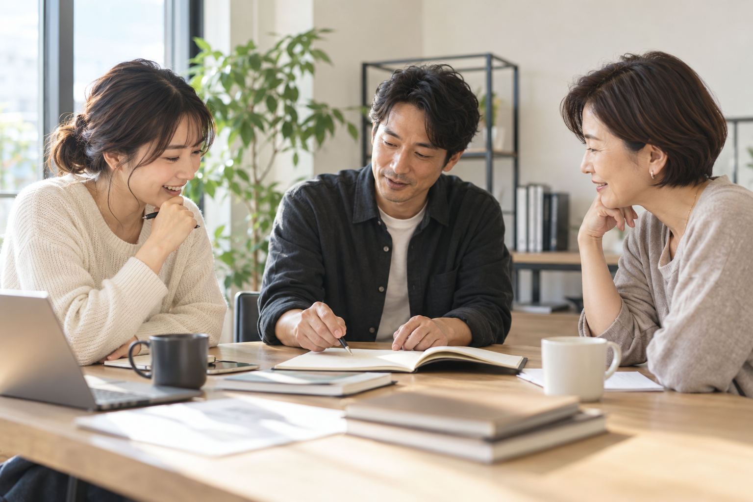 テーブルを囲んで話し合う仲間のイメージ